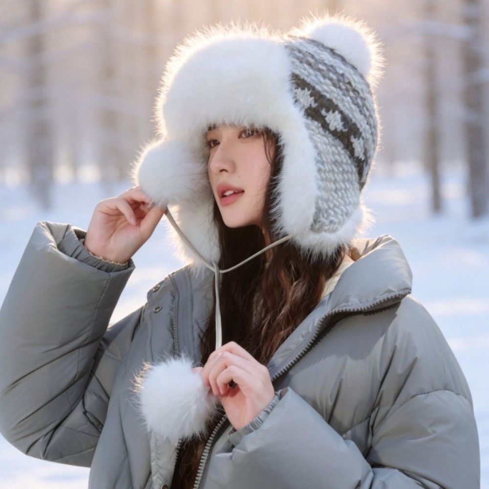 Trapper Hat Ear Flap - Stylish Polyester Knitted Trapper Hat Pom