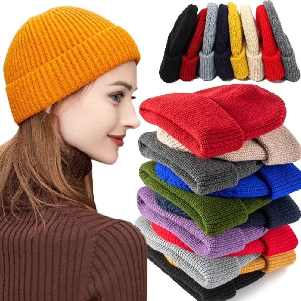 Autumn Winter Unisex Solid Col - Beanie Cuffed Knit ulasan dan harga